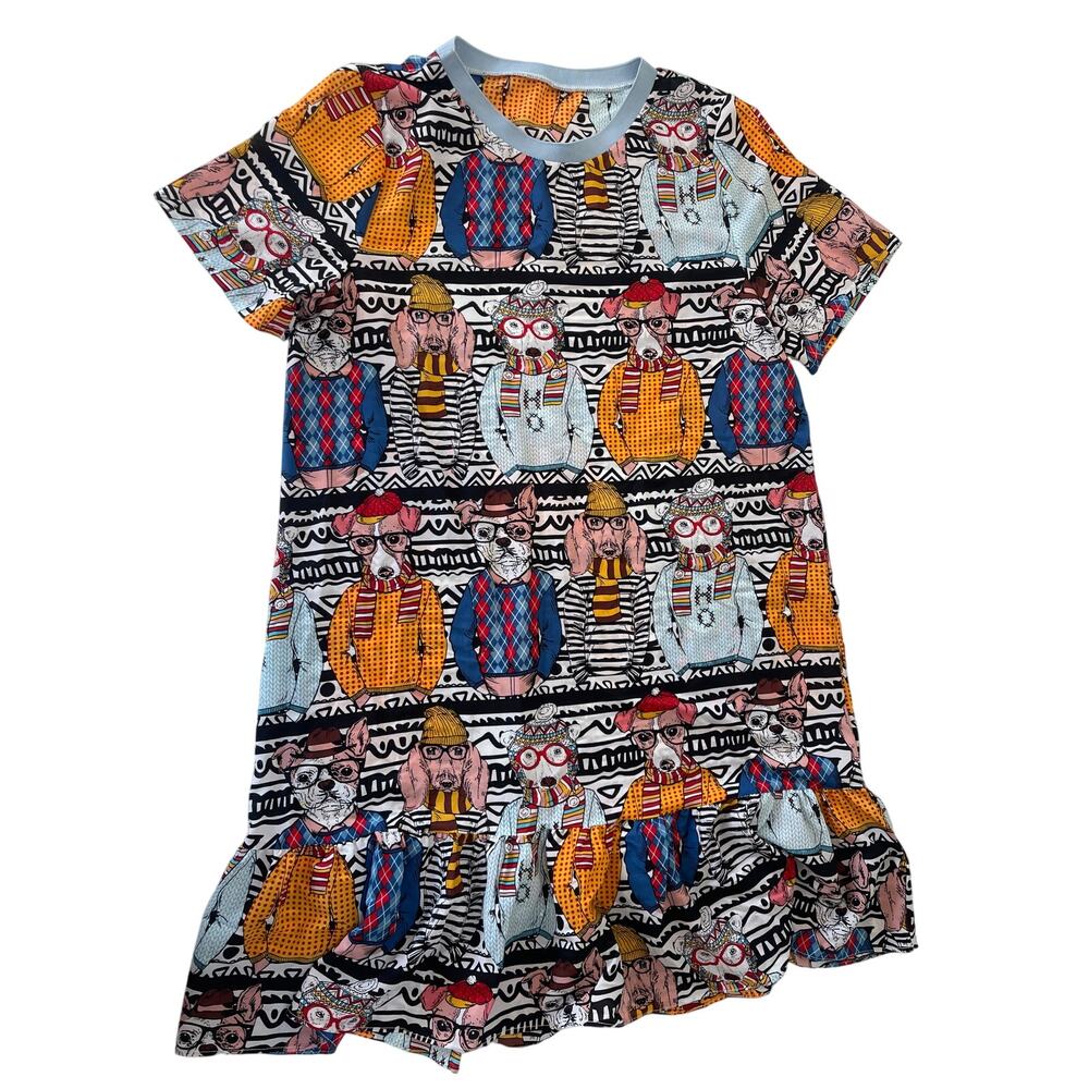 Whimsical Dogs in Sweaters Glasses Dress Lightweight Thin Womens Medium/Large